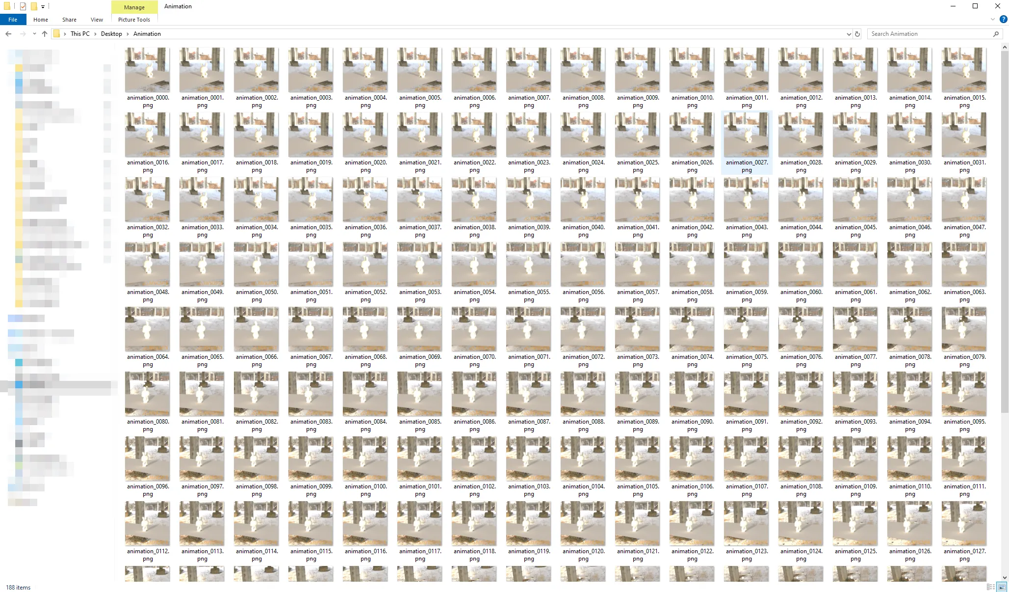 Windows Explorer showing folder with rendered animation frames named animation_0000.png through animation_0127.png
