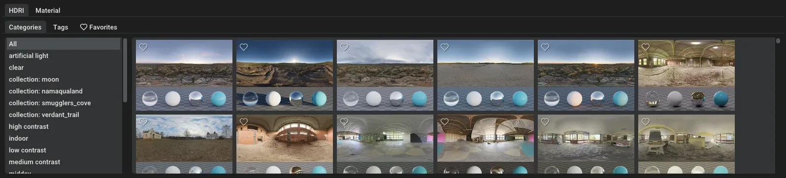The Asset Manager showing HDRIs
