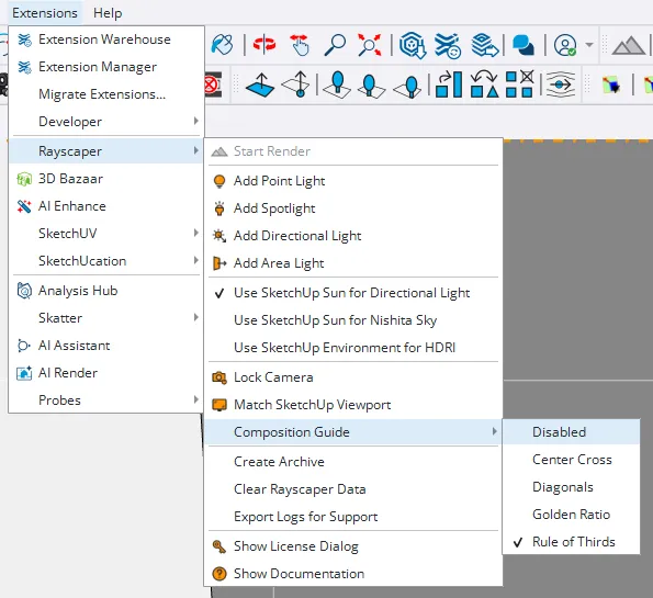 The Composition Guide submenu in Extensions > Rayscaper