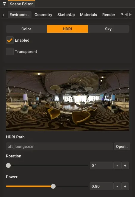 Environment settings panel in Rayscaper showing HDRI options