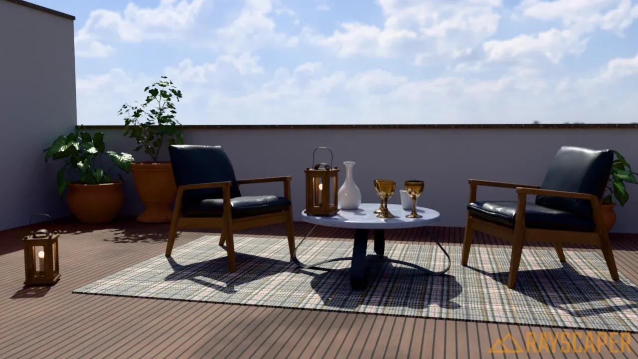 A rooftop terrace lit by a sunny HDRI