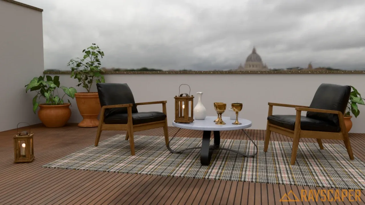 The terrace lit by an overcast HDRI with a city skyline