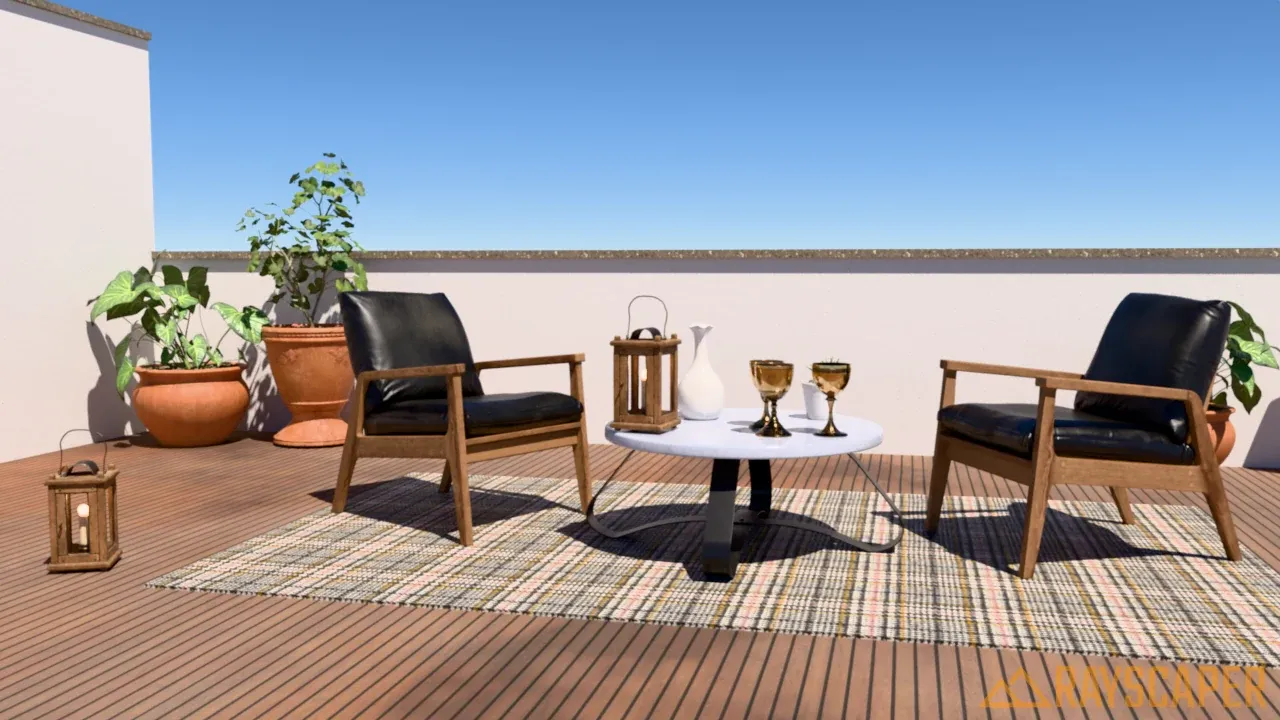 The terrace under a sky with the sun high at 60 degrees