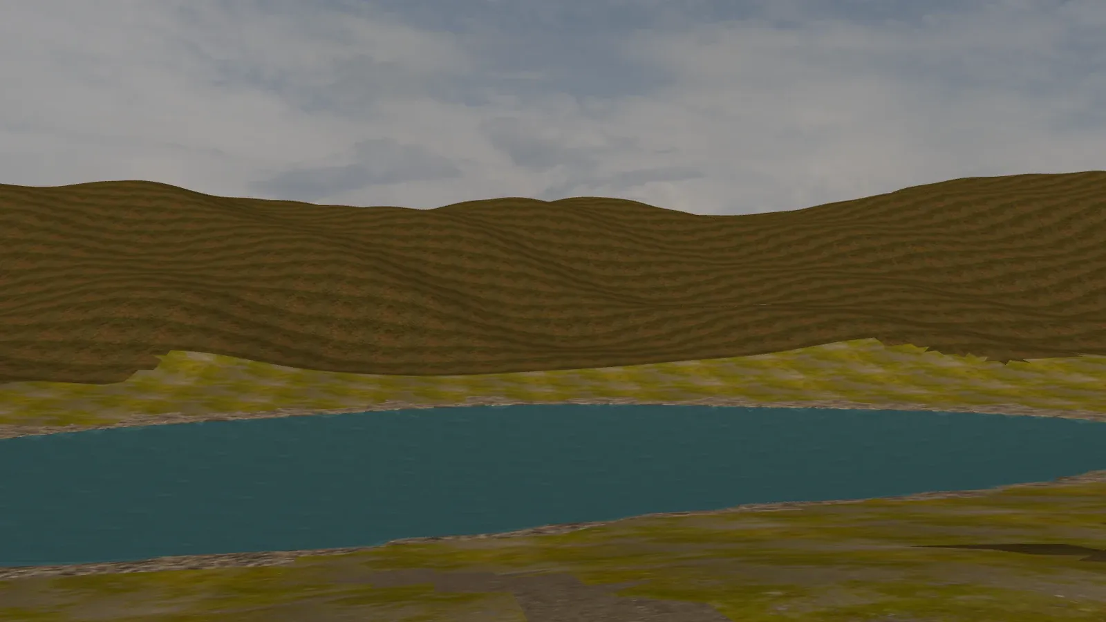 The same view in SketchUp: the painted terrain and the pond, without any trees