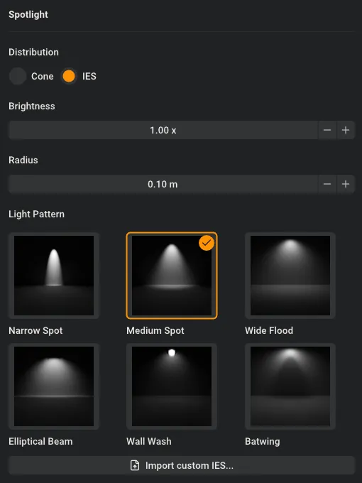 Rayscaper's Spotlight settings with the IES patterns