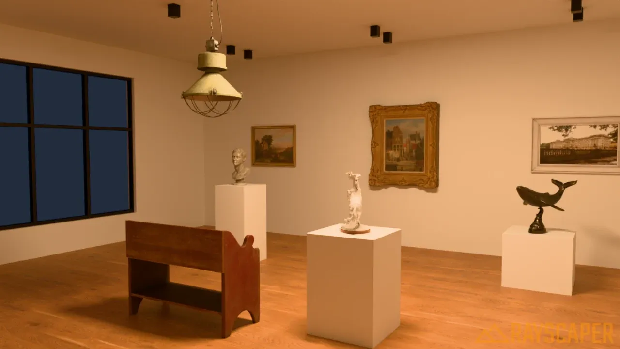 The gallery lit by a ceiling panel above the horse statue