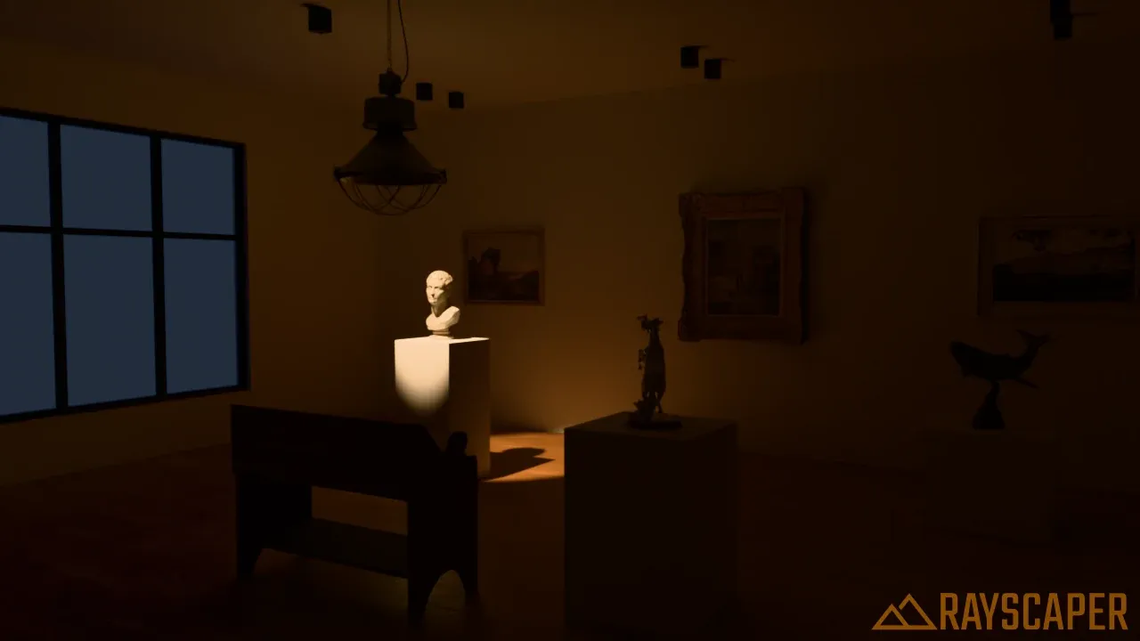 The gallery lit by one spotlight on the marble bust