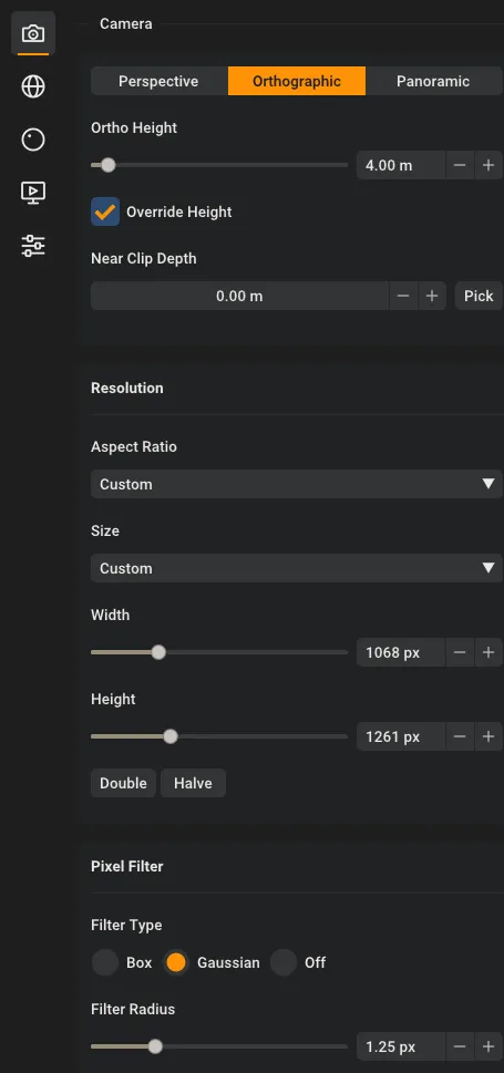 Orthographic camera settings