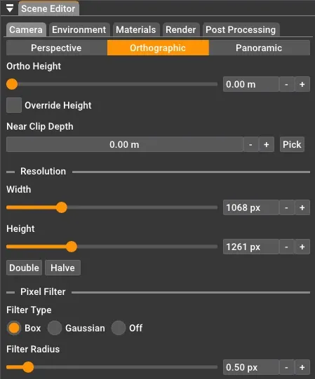 Orthographic camera settings