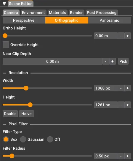 Orthographic camera settings