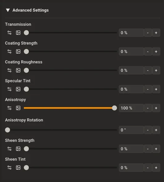 PBR material advanced settings panel