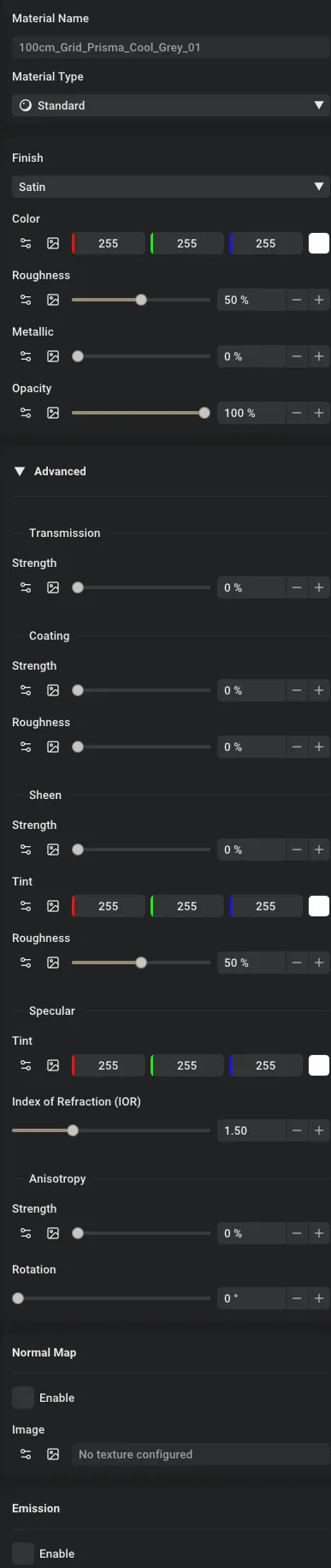 Standard material settings panel