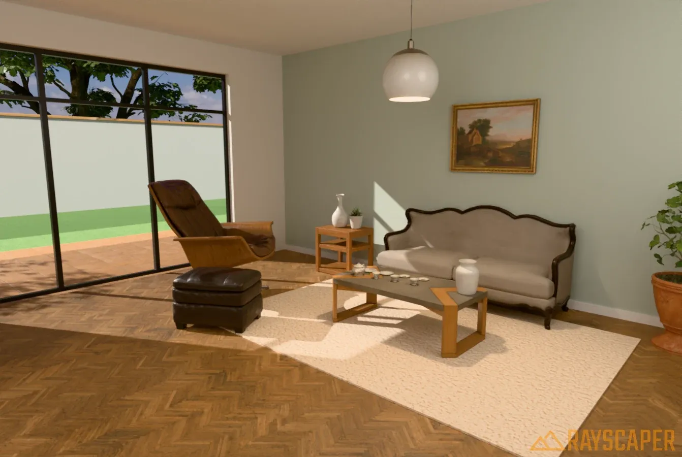 A living room rendered with a perspective camera