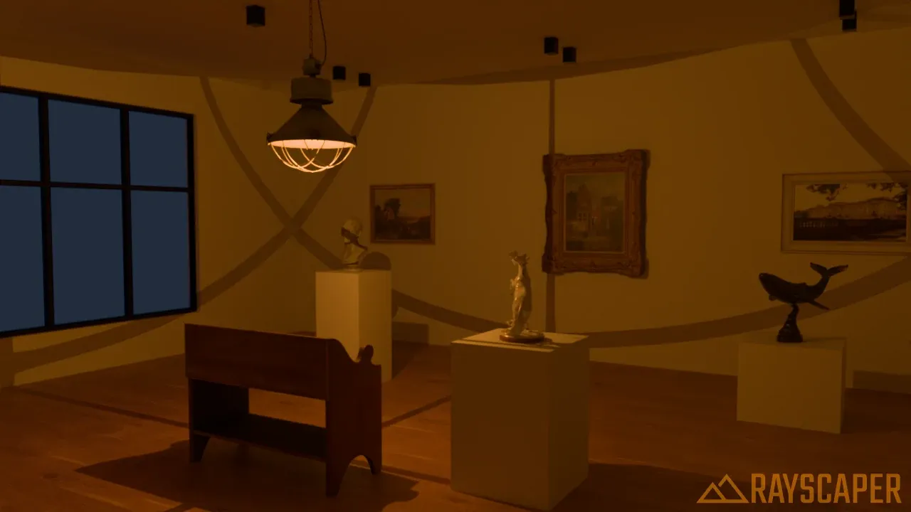 The cage of the pendant casting sharp lines across the walls