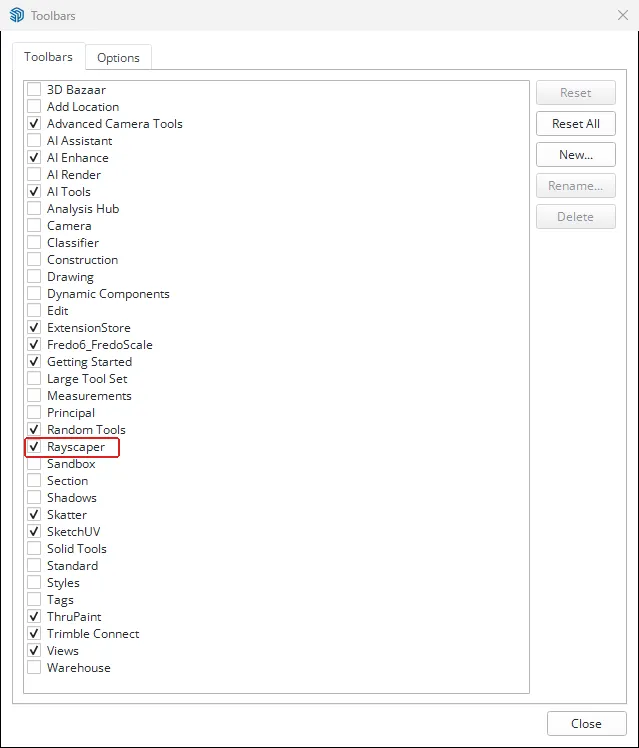 The SketchUp Toolbars dialog with Rayscaper ticked