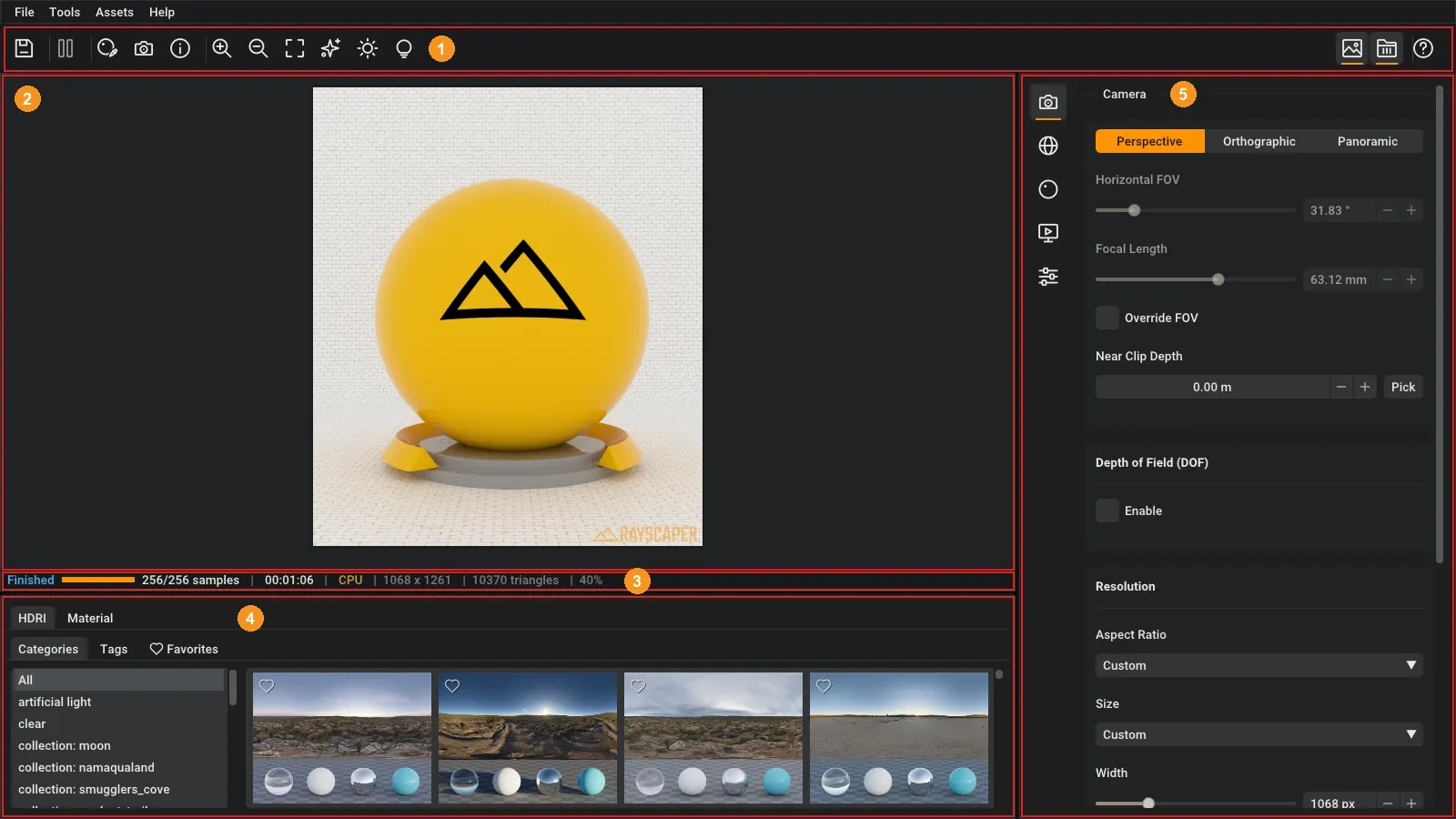 The Rayscaper render window with the render in the middle, the Asset Manager below it and the Scene Editor on the right