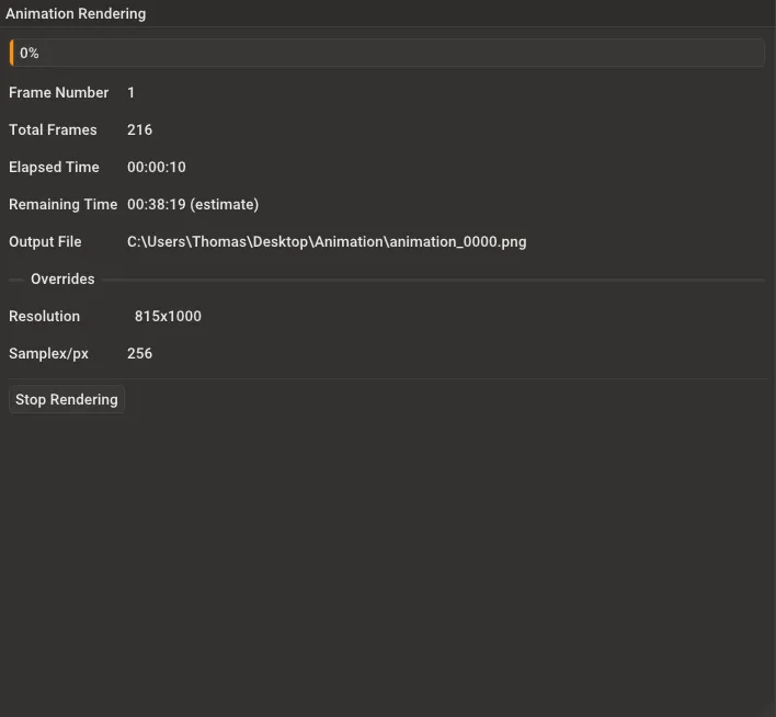Rayscaper Animation Rendering progress dialog showing frame count, elapsed time, remaining time, and output file path