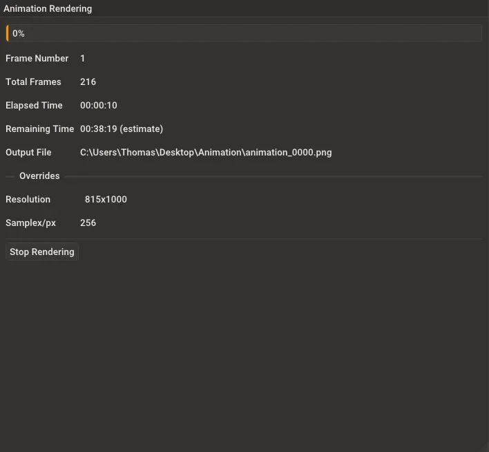 Rayscaper Animation Rendering progress dialog showing frame count, elapsed time, remaining time, and output file path