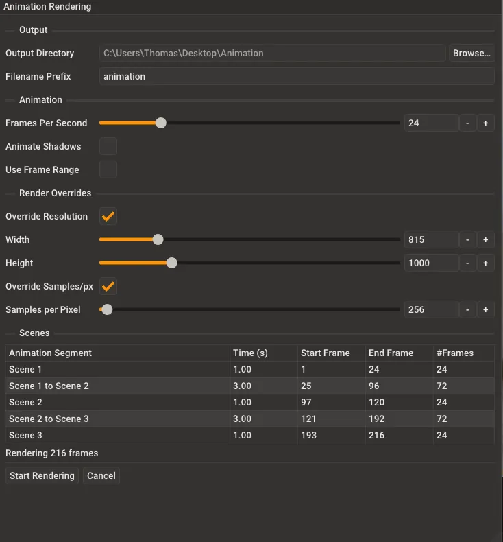 Animation dialog showing Override Resolution with Width/Height sliders and Override Samples/px enabled