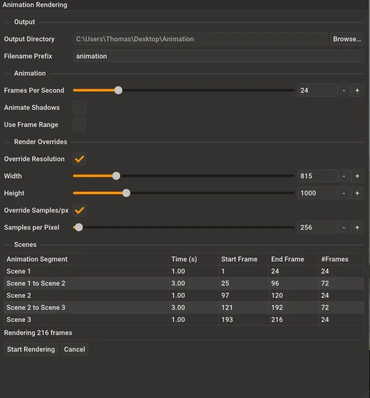 Animation dialog showing Override Resolution with Width/Height sliders and Override Samples/px enabled
