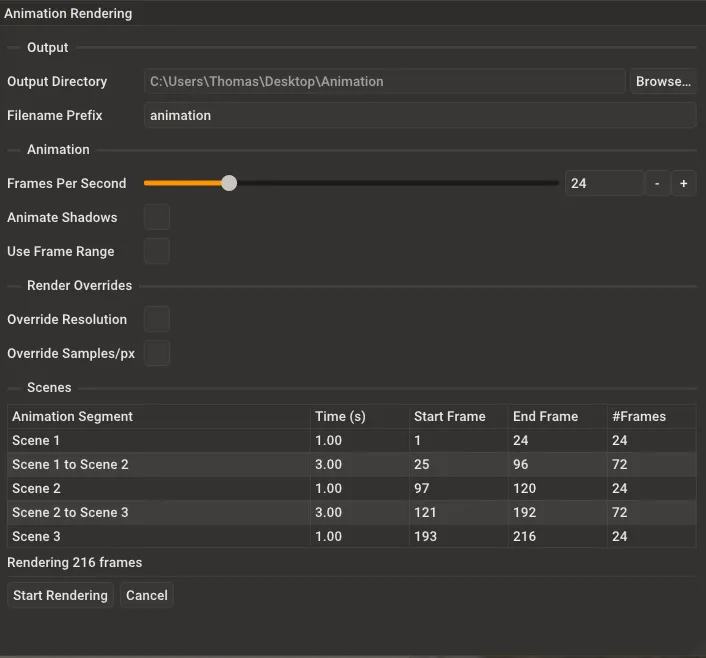 Rayscaper Animation Rendering dialog showing output settings, animation options, render overrides, and scene table