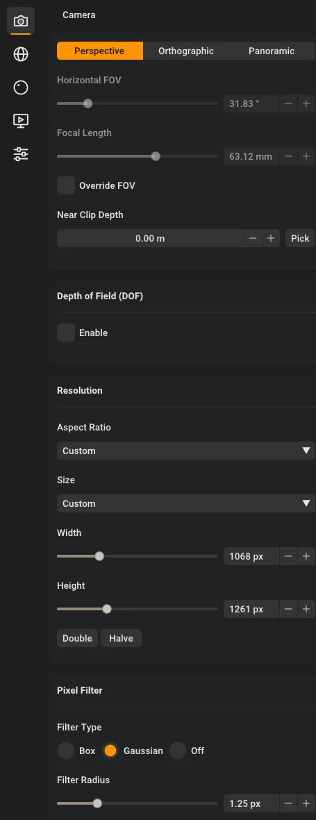 The Camera section of the Scene Editor