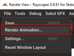 Rayscaper File menu showing Render Animation option