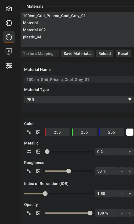 Rayscaper's Materials section with a Standard material