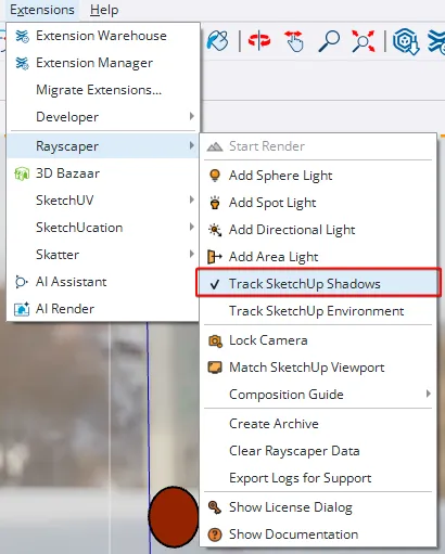 SketchUp Extensions menu showing Rayscaper submenu with Track SketchUp Shadows option checked