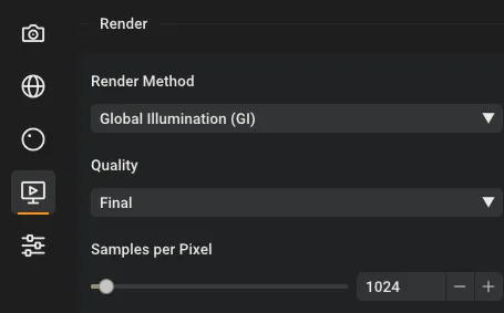 Rayscaper's Render section with the samples per pixel