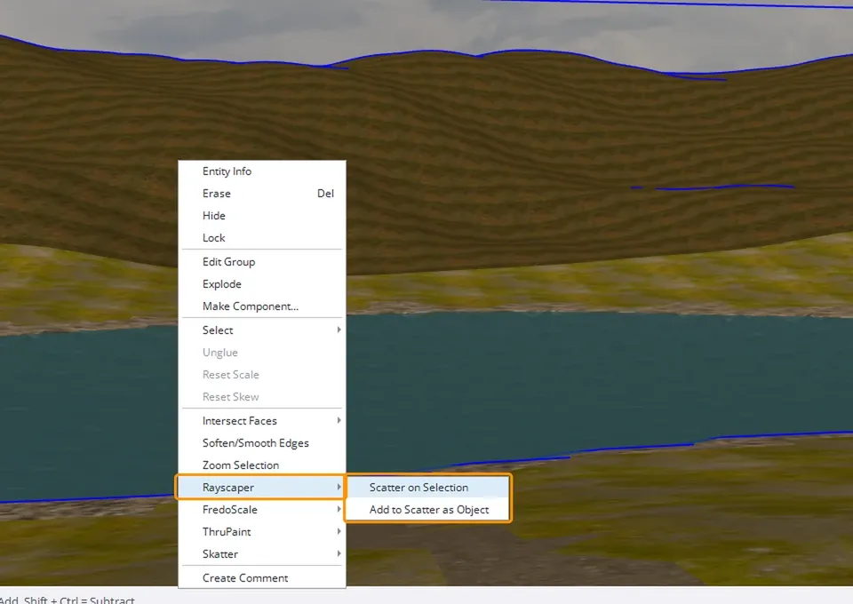 The SketchUp context menu of the terrain group with the Rayscaper submenu open on Scatter on Selection