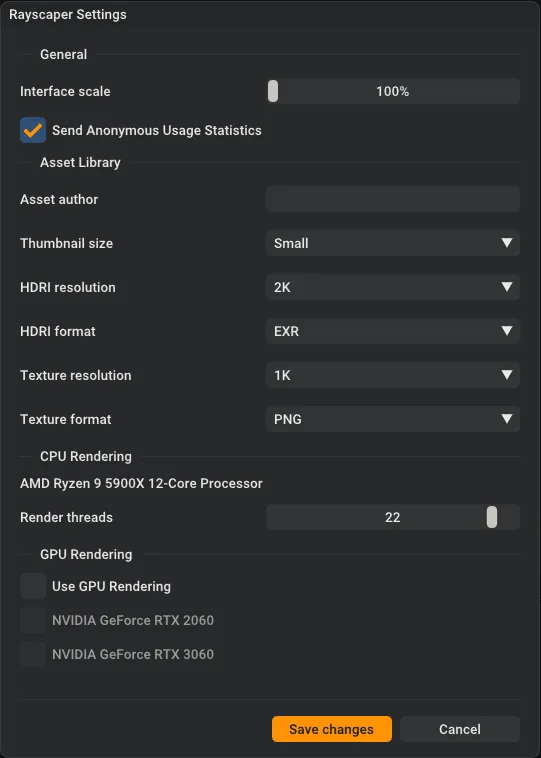 The Rayscaper Settings dialog