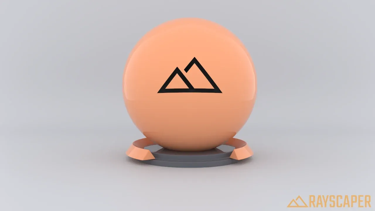 Rayscaper render of a peach colored shader ball on a dark pedestal against a grey studio backdrop.