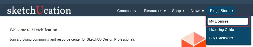 SketchUcation menu showing PluginStore > My Licenses