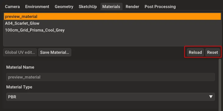 Rayscaper material editor showing the Reload and Reset buttons