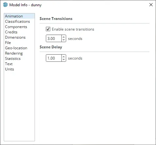 SketchUp Model Info dialog showing Animation settings with Scene Transitions and Scene Delay options