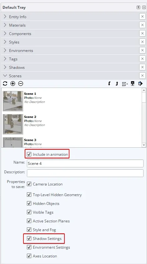 SketchUp Scenes panel with scene properties expanded showing Include in animation checkbox and Properties to save options