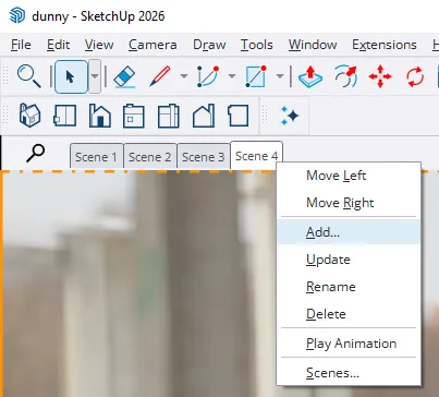 SketchUp scenes panel showing scene tabs and context menu with Add option