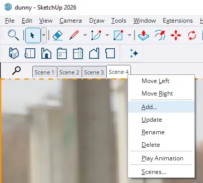 SketchUp scenes panel showing scene tabs and context menu with Add option
