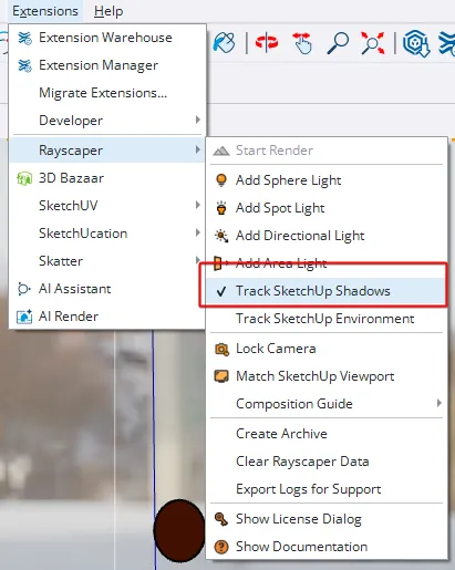 Track SketchUp Shadows menu option