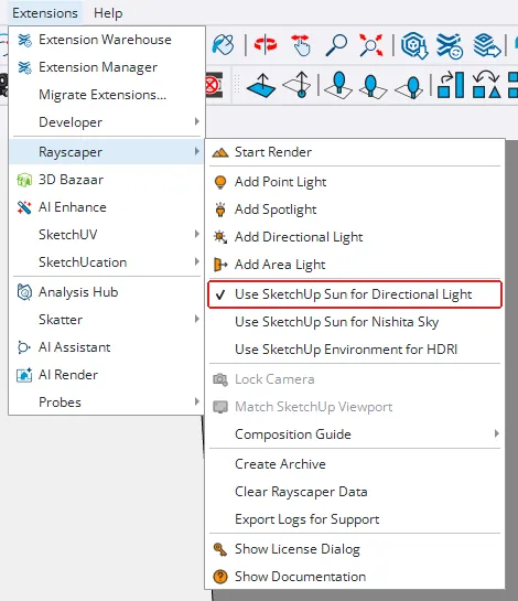 Use SketchUp Sun for Directional Light menu option