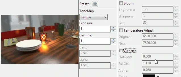 Twilight's post-processing tools: tone mapping, bloom, temperature and vignette
