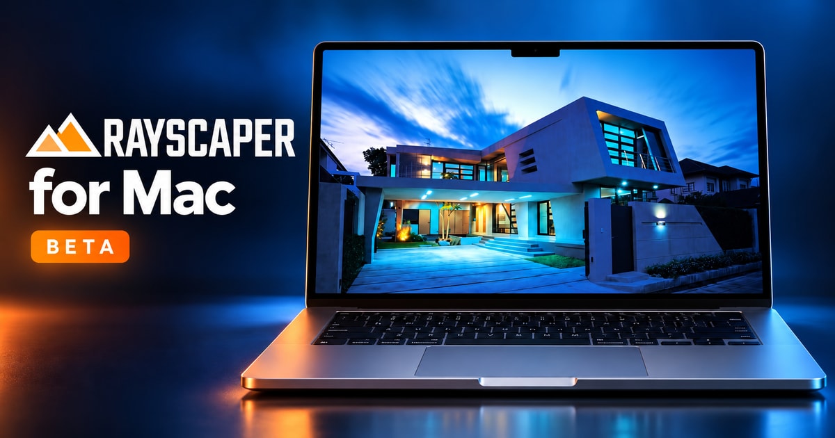 Rayscaper for Mac beta, with the Rayscaper logo and a MacBook Pro displaying a modern villa render at blue hour.